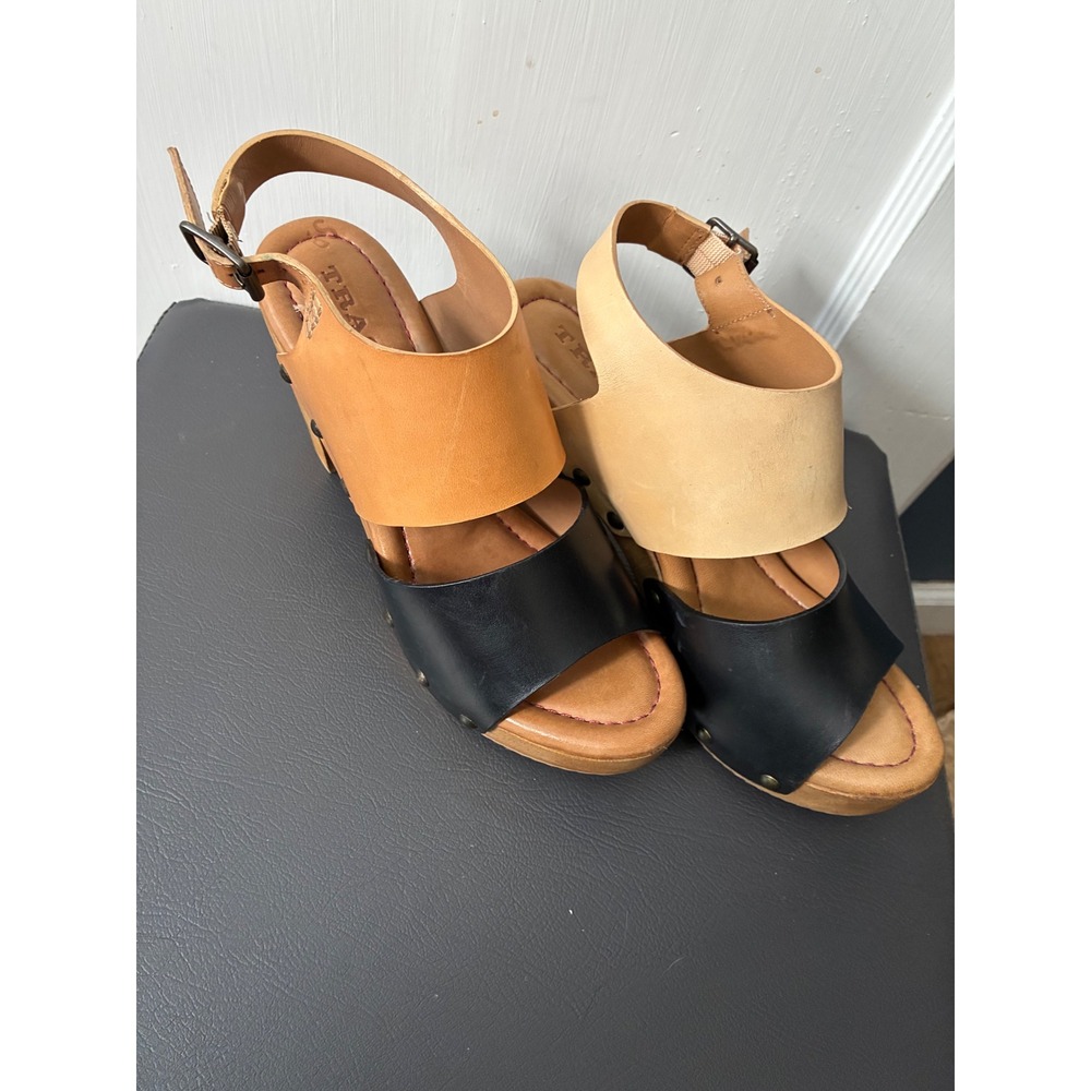 Trask Womens Leather Platform Clogs Two Tone Wood Block Heel Sandals Sample 7B